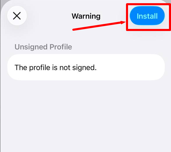 ប្រសិនបើឃើញ «Unsigned Profile» ចុច «Install» ម្តងទៀត រួចបញ្ចូលពាក្យសម្ងាត់អេក្រង់ចាក់សោ។
